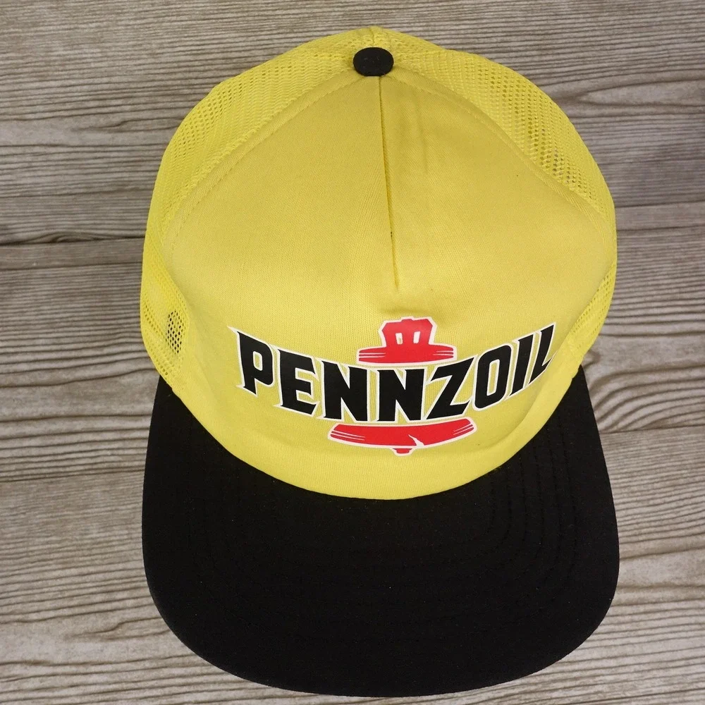 VINTAGE PENNZOIL OIL LOGO RACING YELLOW BLACK VENTED TRUCKER SNAPBACK HAT USA